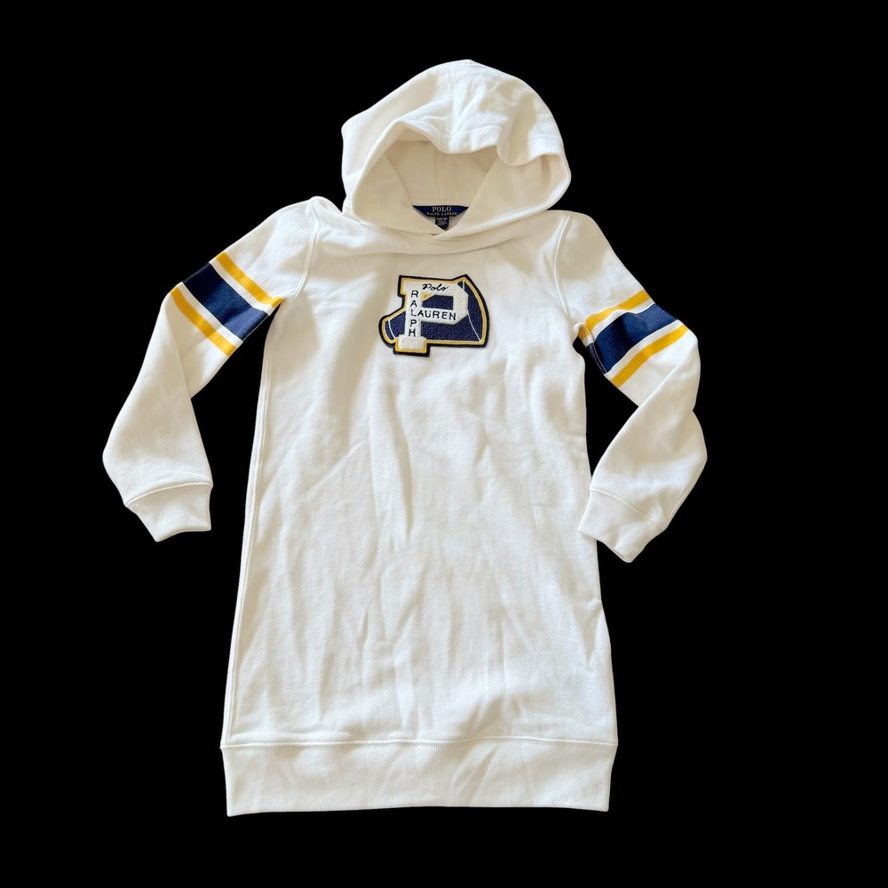 Polo Ralph Lauren Girls White Fleece Hoodie Dress Varsity Patch M 8-10